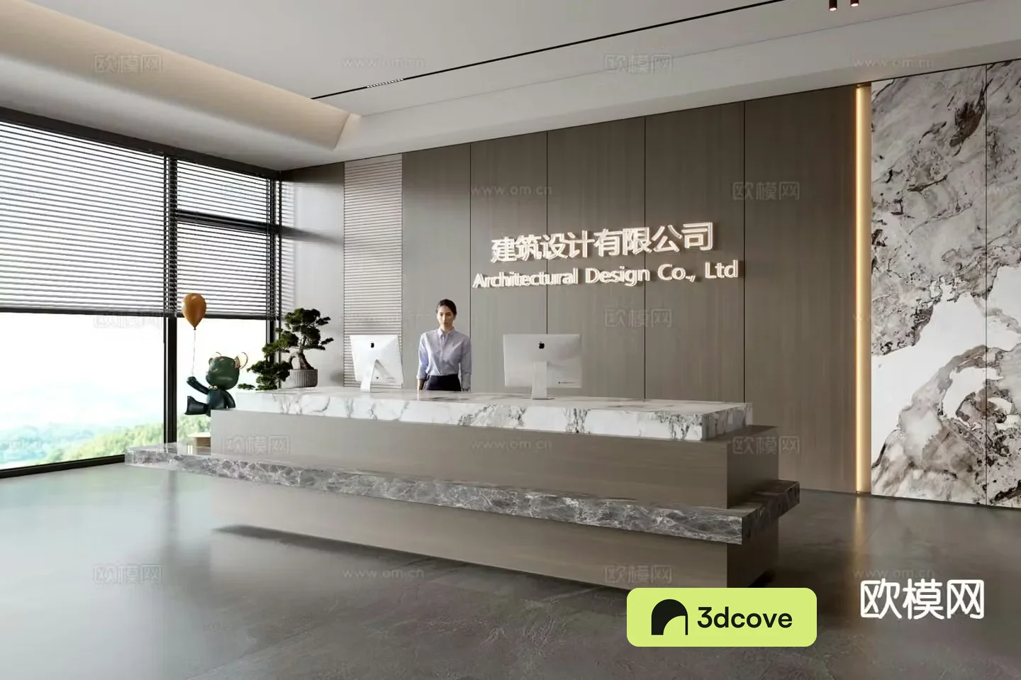 Modern company front desk reception desk corporate wall