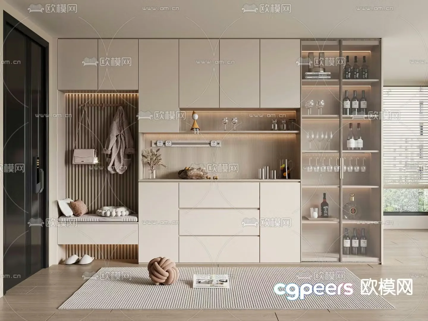 Cream style shoe cabinet wine cabinet integrated cabinet 3D model