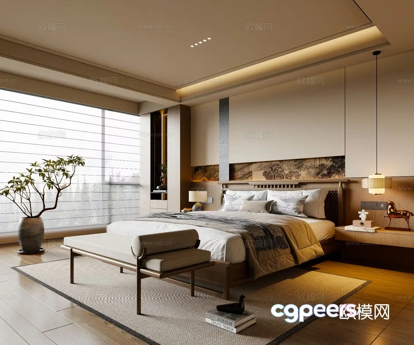 New Chinese style Song style bedroom solid wood double bed bed nightstand chandeliers foot pedal carpet 3d model