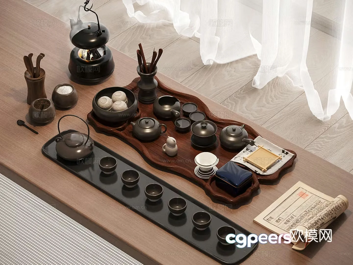 Chinese tea cup teapot tray tea set 3d model