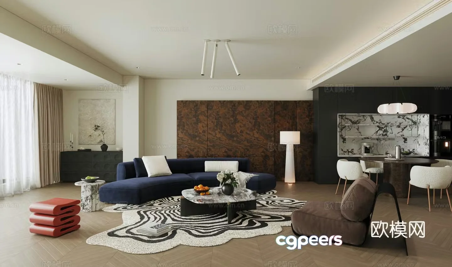 Waviva retro home living room horizontal hall large flat living room black and white living room without owner lights 3D model