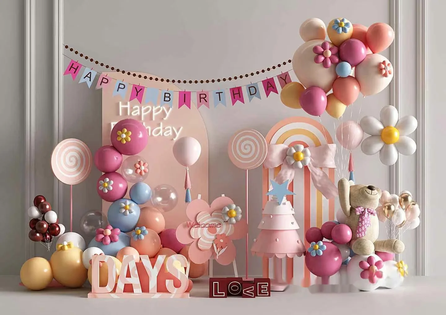 Pastel Birthday Decorations 3D Model – 3133 – VRAY Render