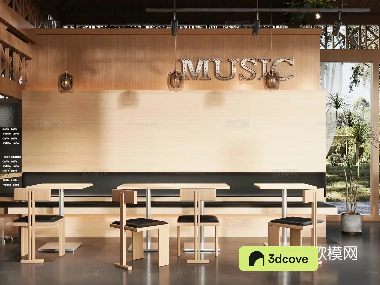 Log wood style milk tea shop cafe booth area