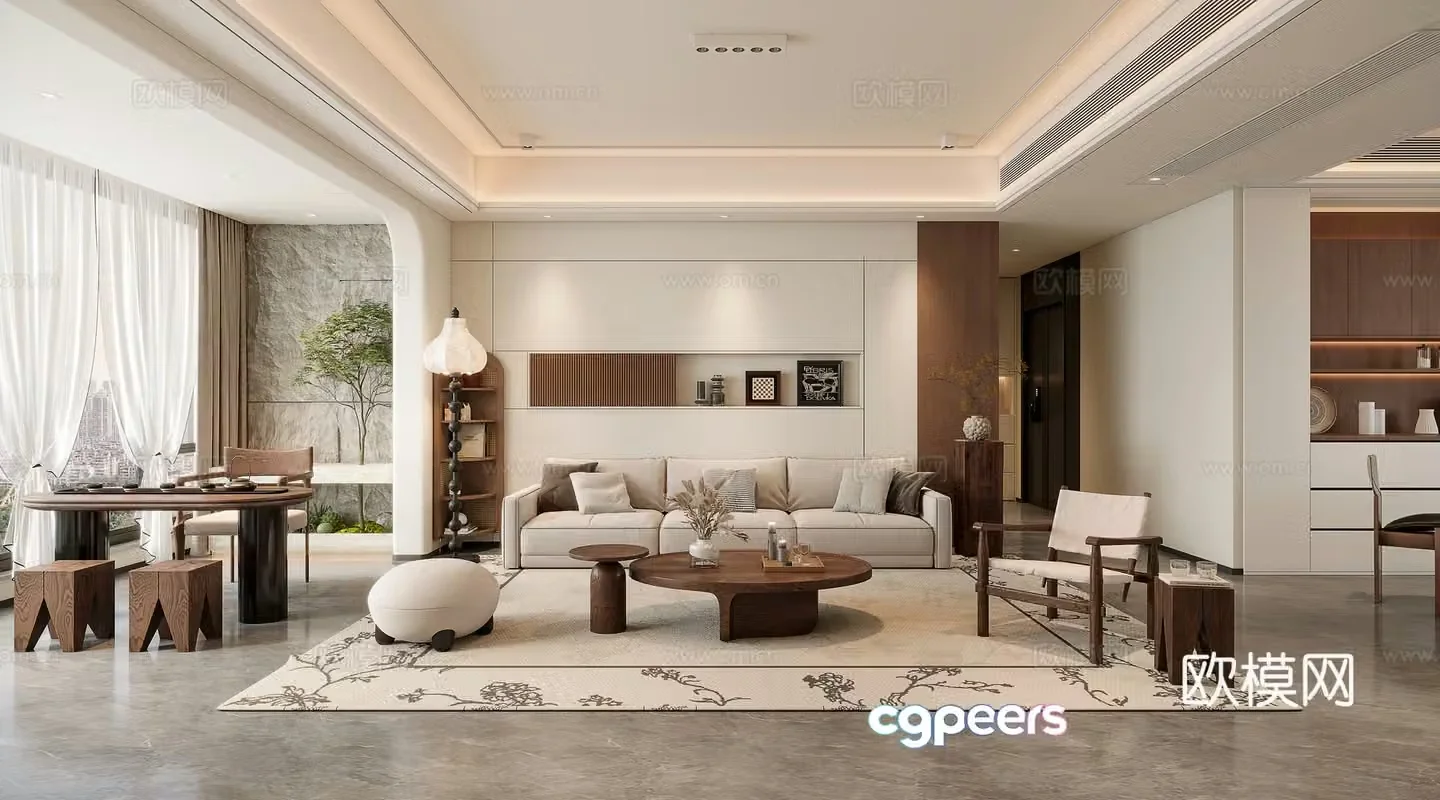 Middle style living room sofa background tea table 3d model