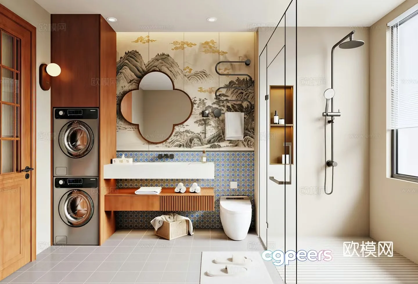New Chinese Song style bathroom bathroom cabinet bathroom mirror bathroom door washing machine cabinet shower horse 3d model