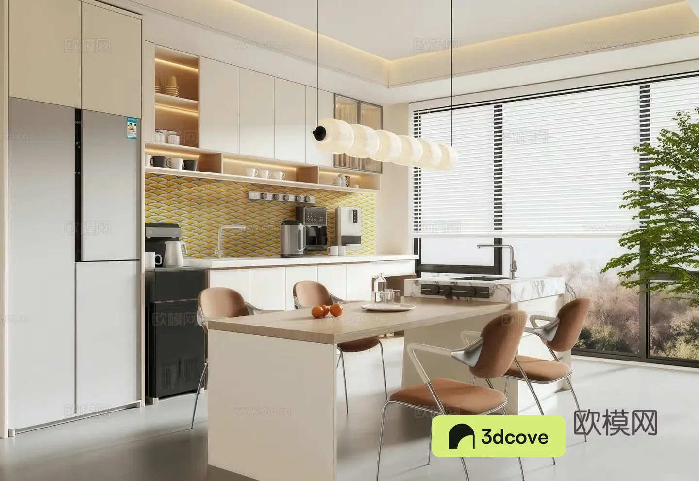 Modern creamy restaurant Island restaurant Refrigerator sideboard chandelier