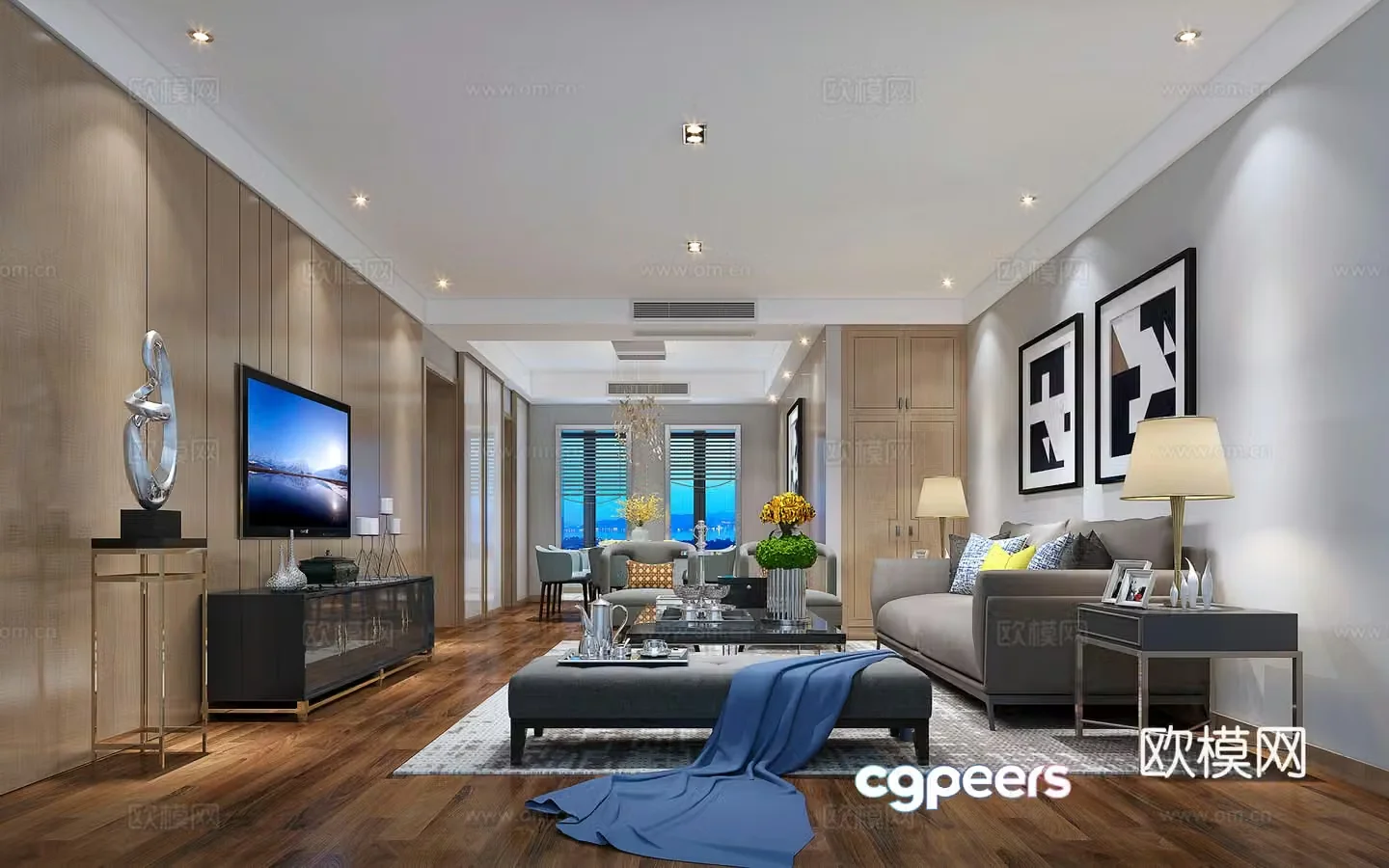 Modern style living and dining room sofa and coffee table dining table and chairs lights TV cabinet 3d model