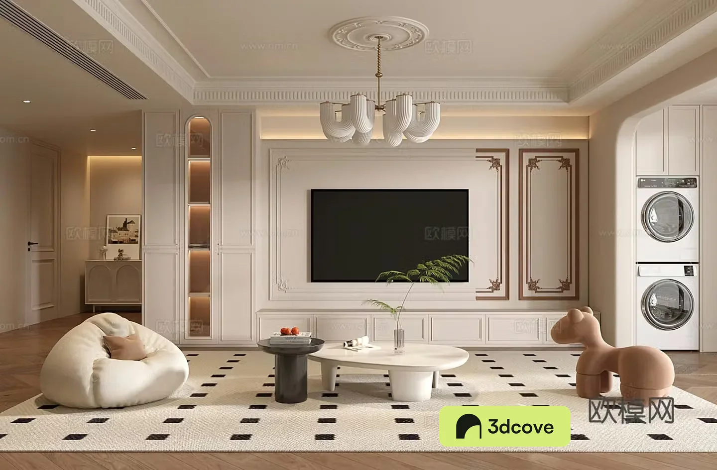 French cream home living room TV background wall cabinet lazy sofa chandelier 3d model