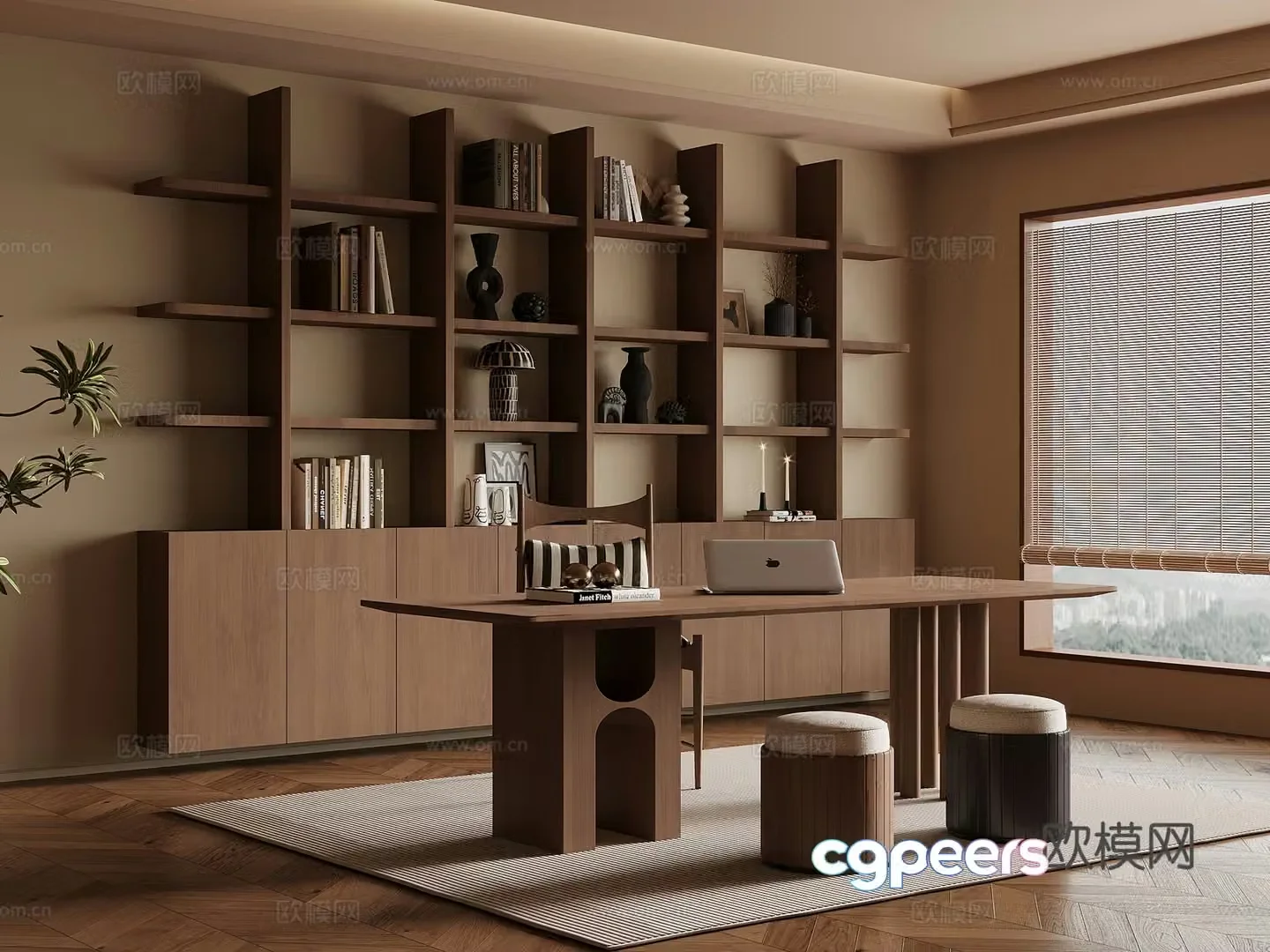 Middle-aged study bookshelf desk and chair 3D model