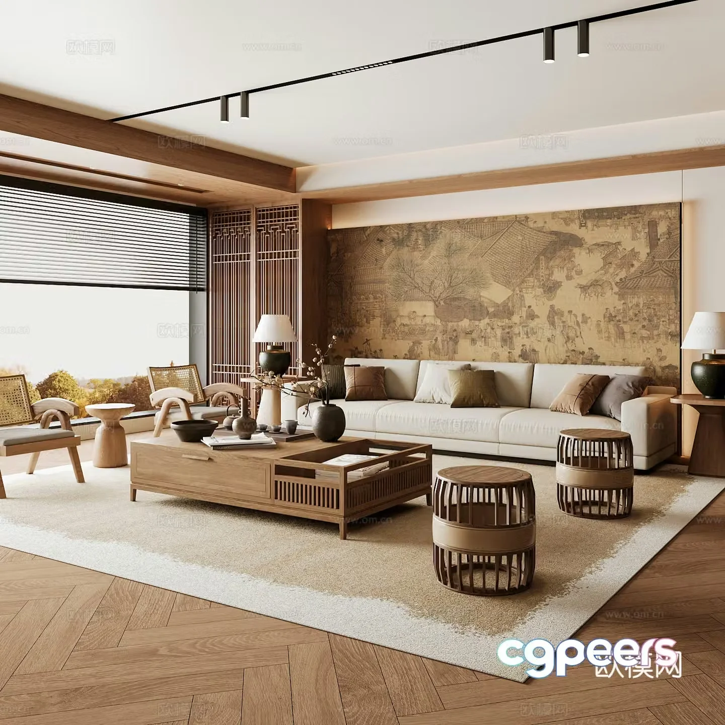 New Chinese Song style living room Chinese sofa combination Song style aesthetics Solid wood coffee table Chinese background 3D model