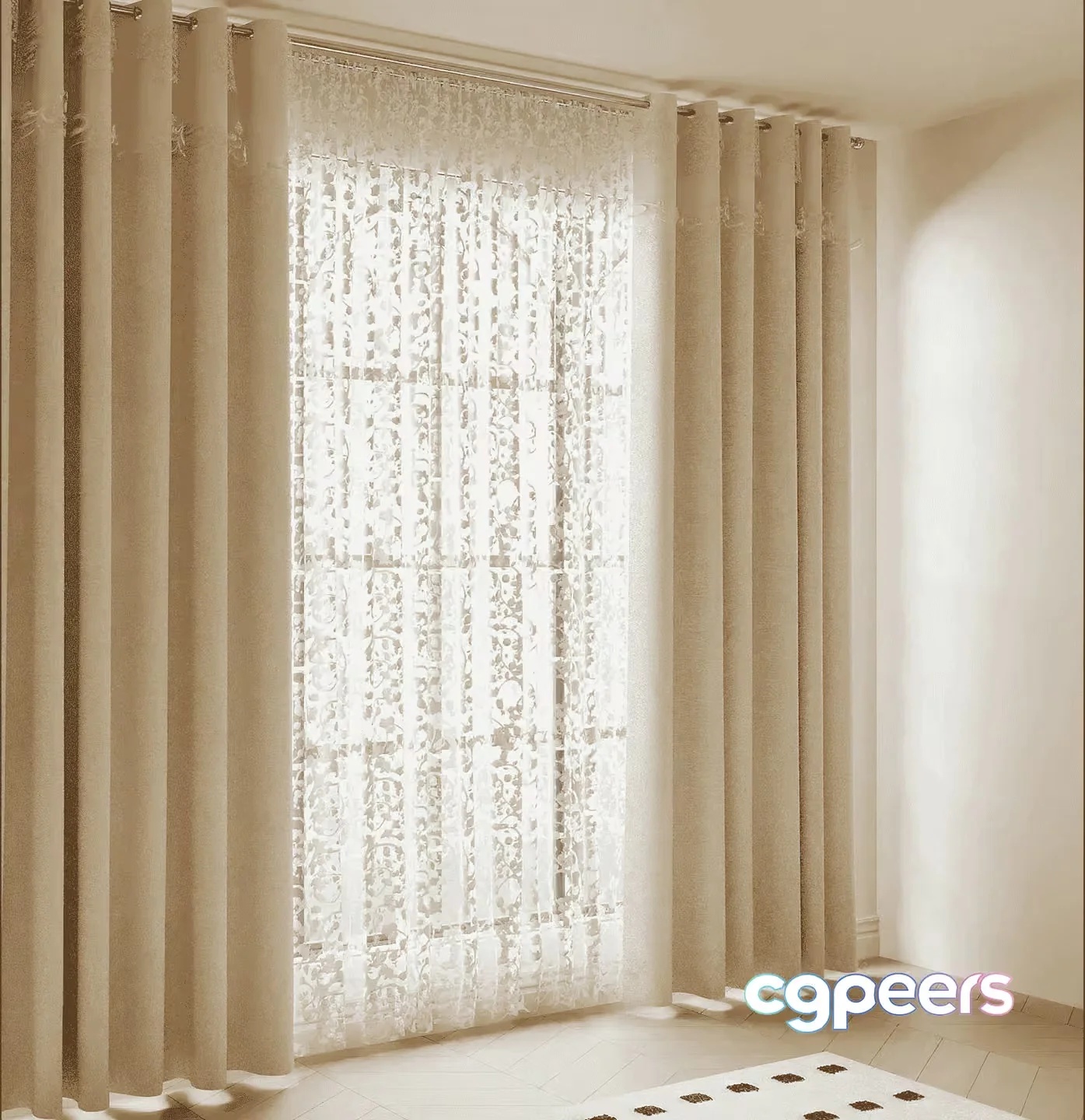 Beige Lace Curtains 3D Model – 13196 – VRAY Render