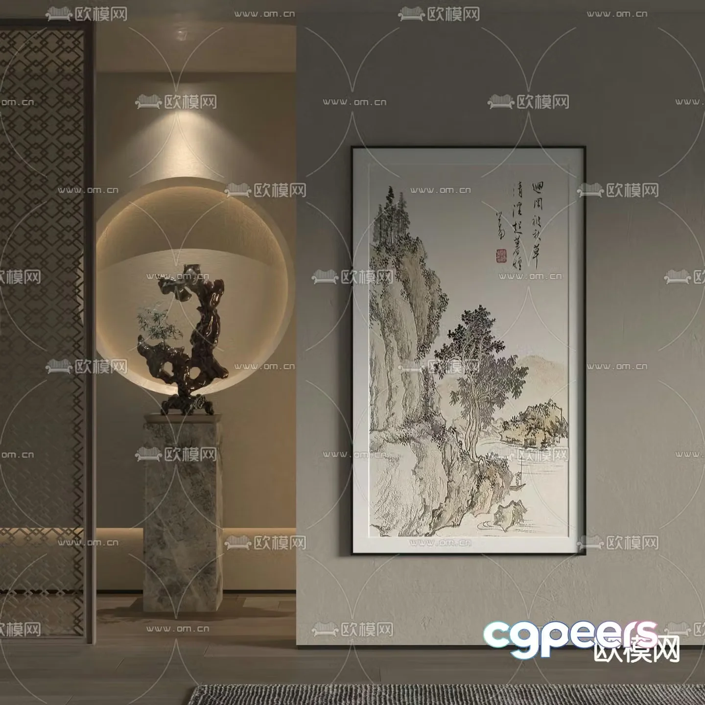 New Chinese style decorative painting Zen hanging painting Landscape painting 3D model