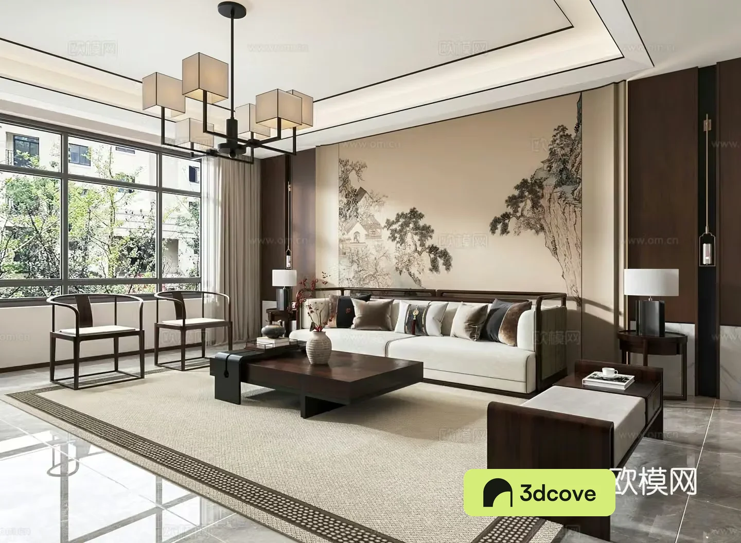 New Chinese style living and dining room sofa background wall TV background wall
