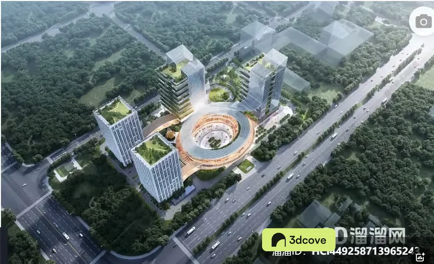 A 3D Rendering Of A Cityscape With A Large Building And Road