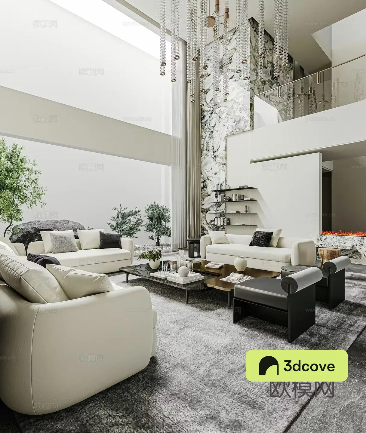 Modern light luxury basement living room alcohol fireplace luxury stone sofa and coffee table combination crystal chandeliers