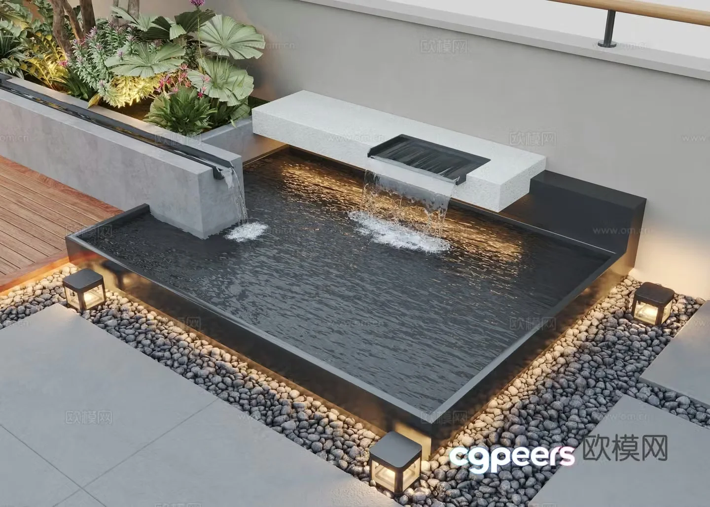 Modern garden waterscape stacked water flowing water 3d model