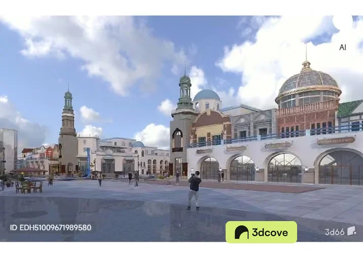A 3D Rendering Of A Large Plaza With Buildings And A Blue Sky