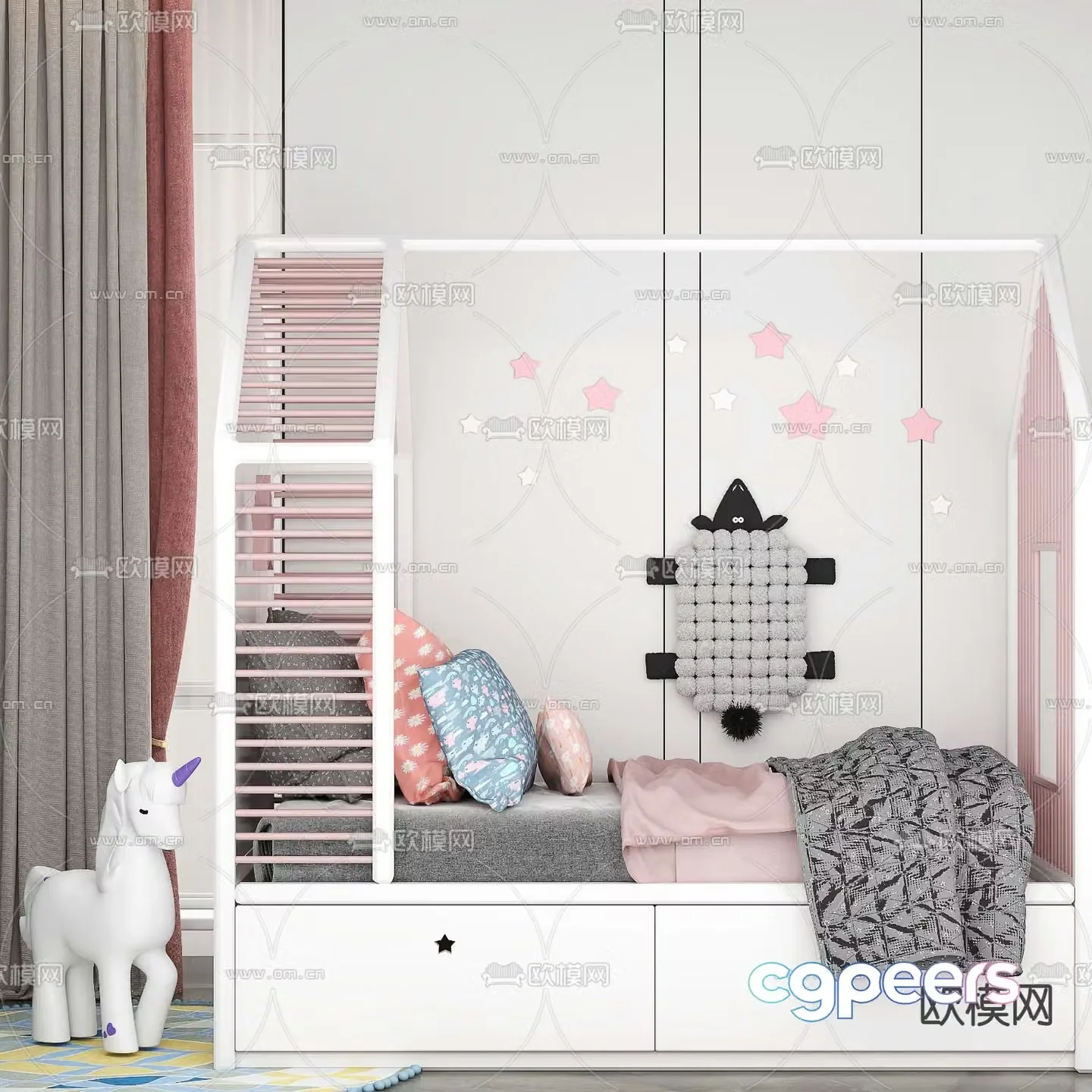 Nordic solid wood children’s bed 3d model