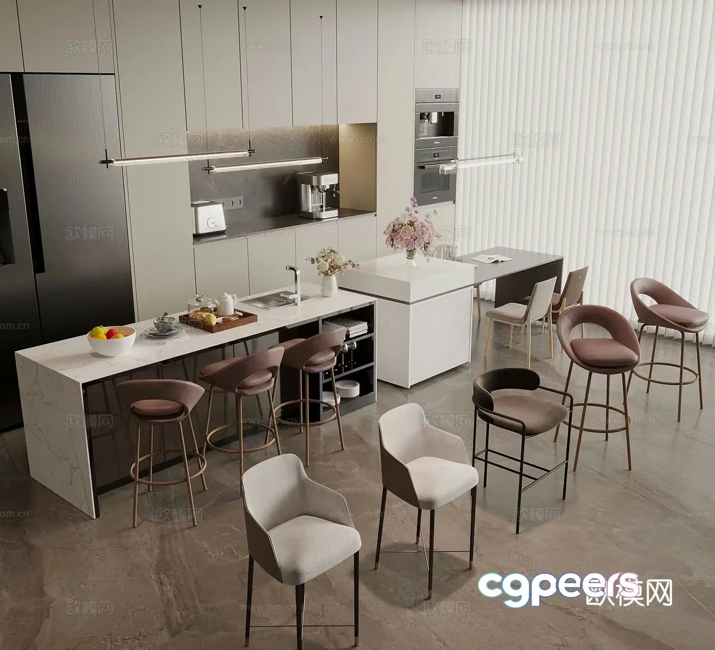 Modern island table dining table dining chair bar table 3D model