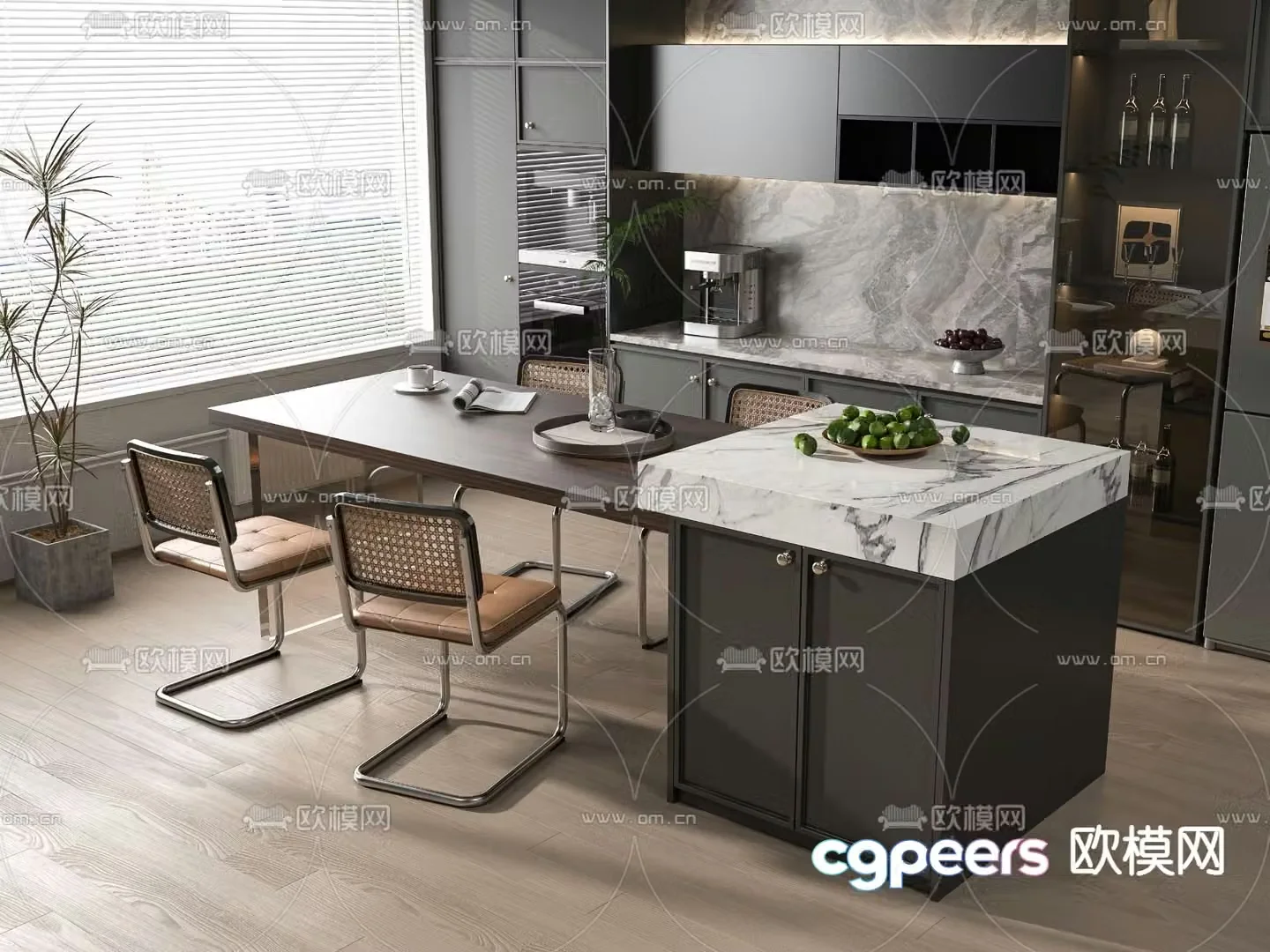 Island dining table and chairs 3d model