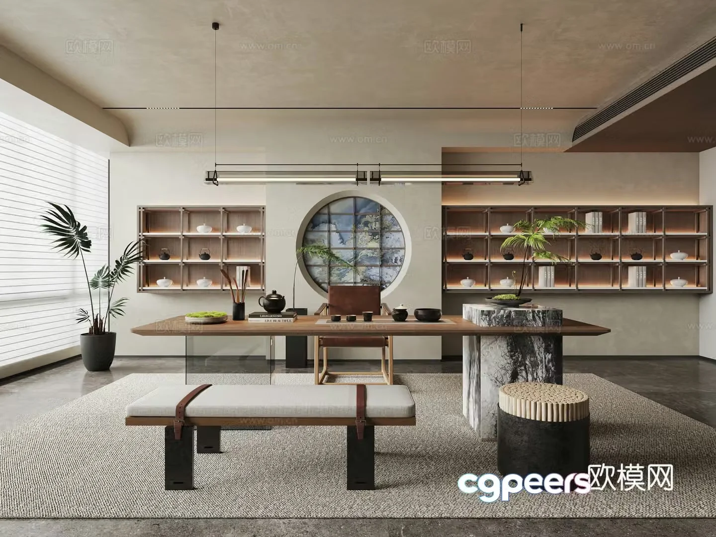 Modern tea room tea table and chair combination low stool hanging tea cabinet tea set teapot green plant 3D model