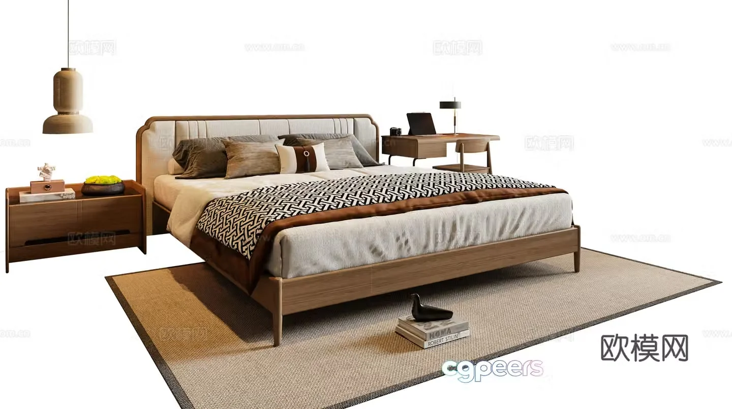New Chinese style double bed solid wood bed nightstand chandeliers desk chair carpet 3d model