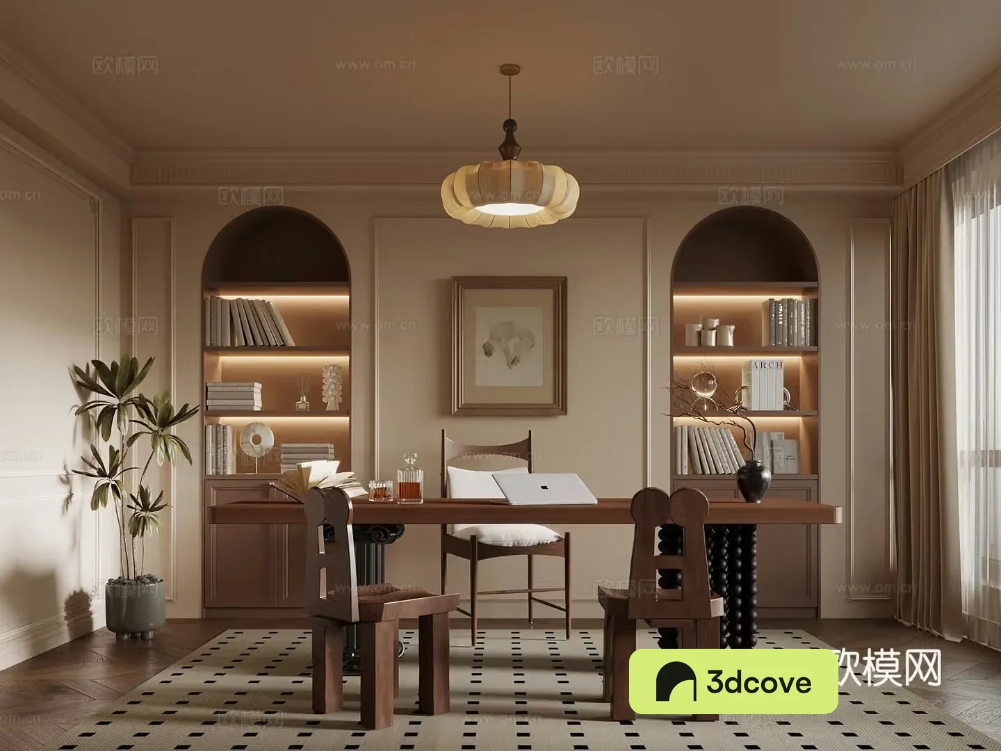Middle-aged study room desk chair chandeliers bookcase 3d model