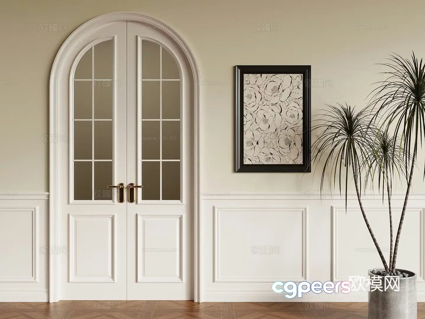 French double door wall skirt wall panel hanging painting 3d model