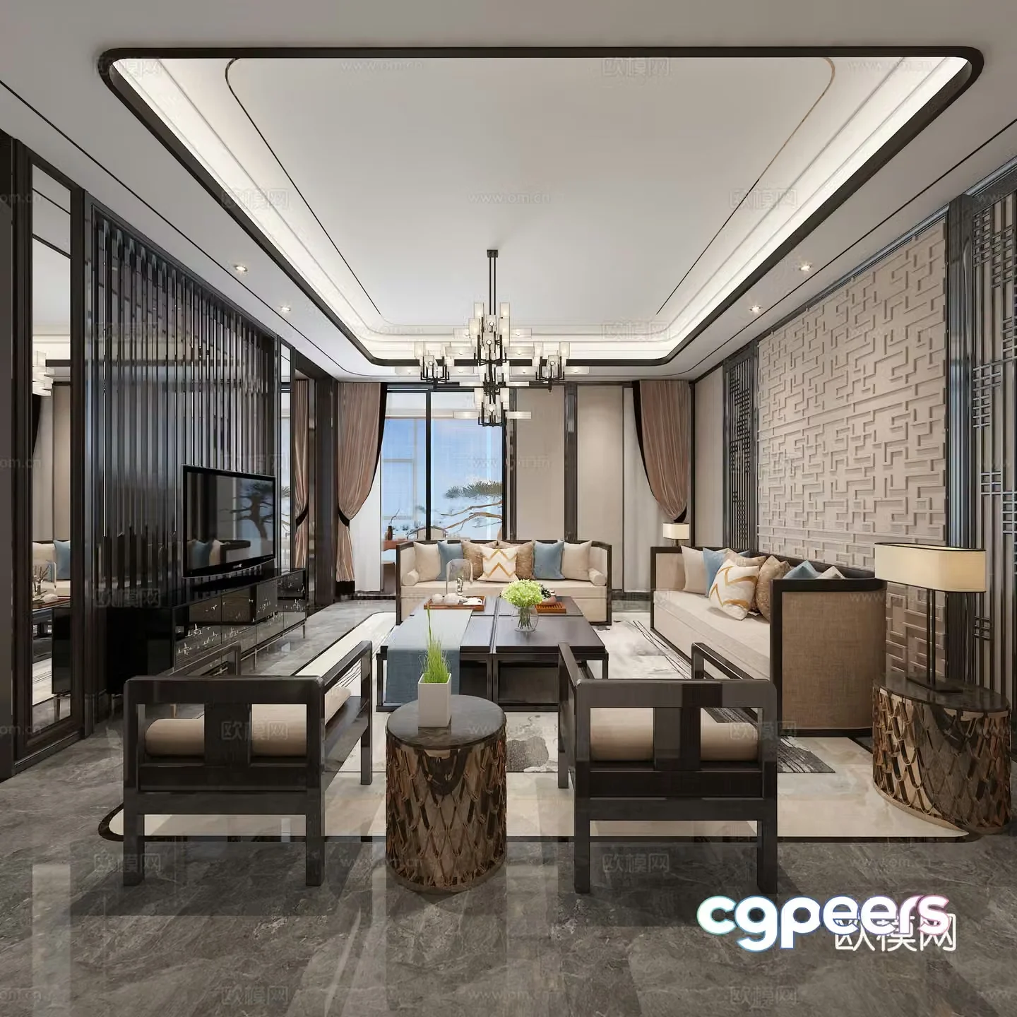 Chinese living and dining room sofa coffee table chandelier dining table chair 3D model