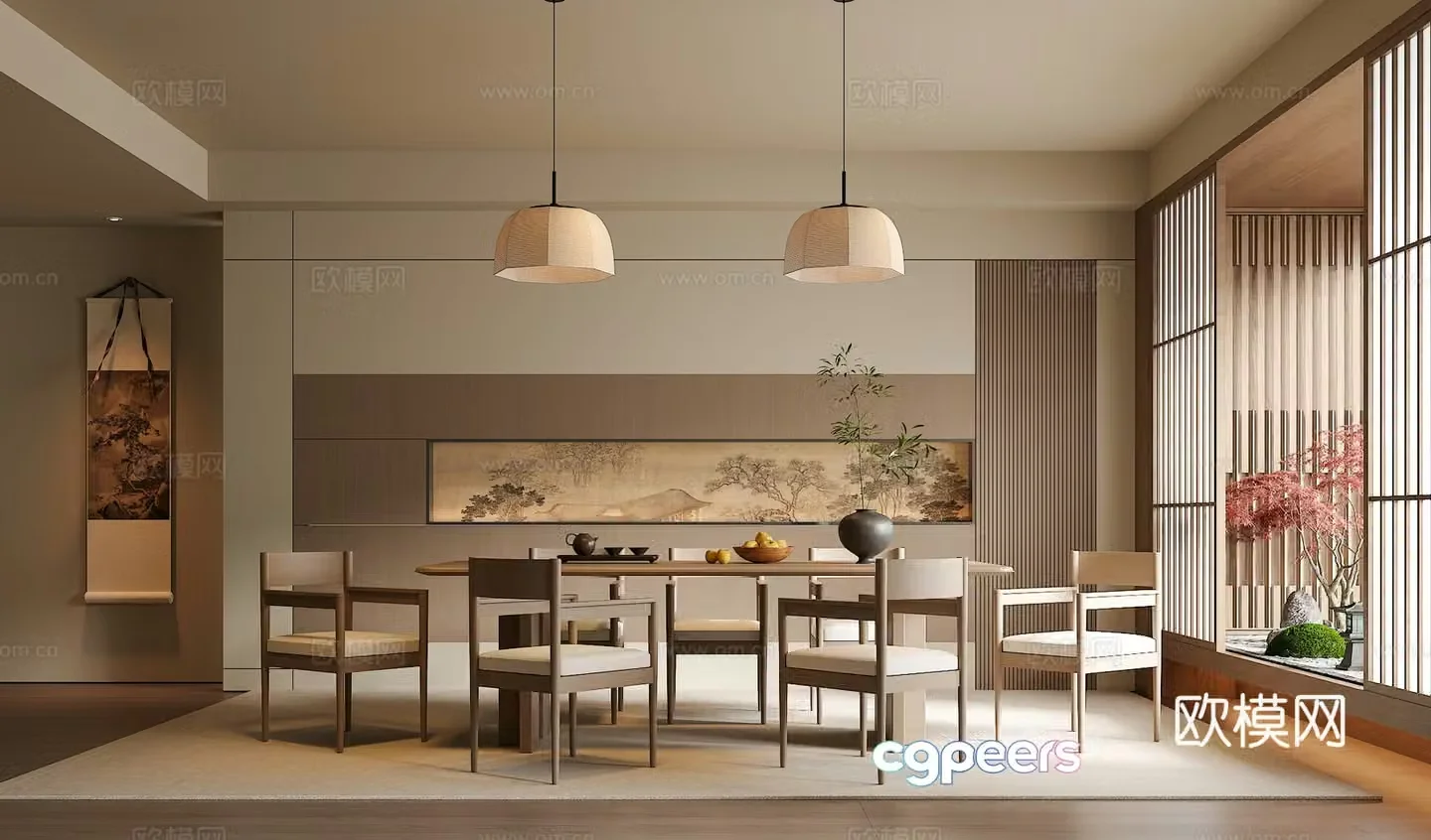 Song’s medieval style restaurant dining table and chair combination chandelier green plant ornament 3D model