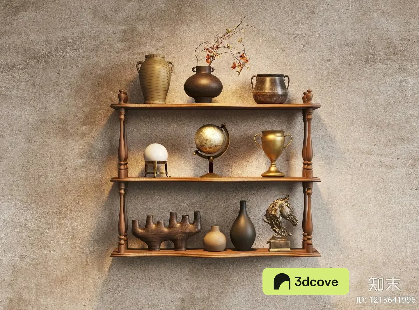 A Wooden Shelf With Various Objects On It