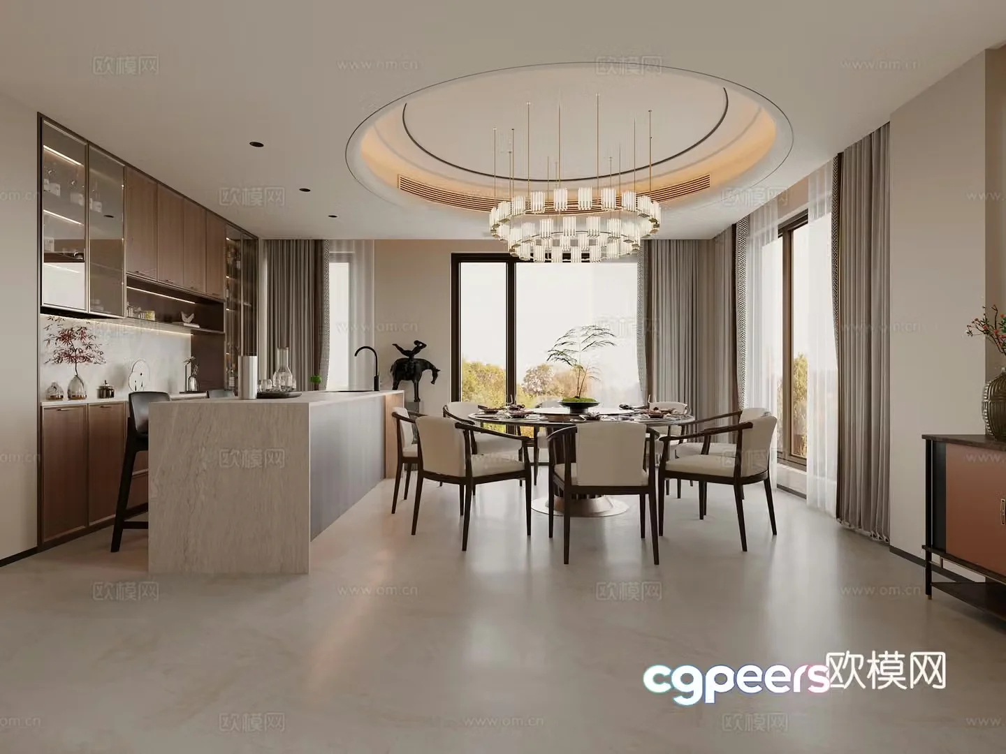 Song Family Restaurant Island Chandelier Wine Cabinet Round Dining Table 3D Model