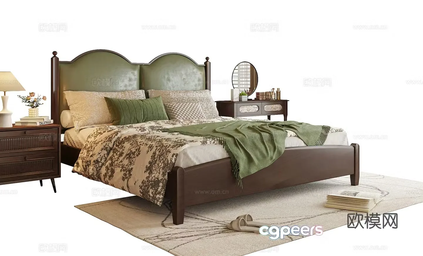 American double bed dressing table bedside table 3d model
