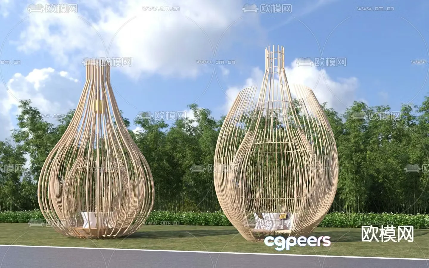 Modern special-shaped birdcage woven rattan and bamboo grille pavilion 3D model
