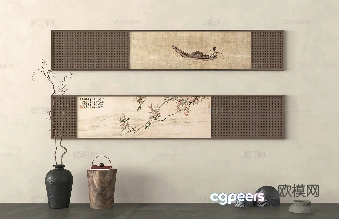 Chinese style hanging paintings ink paintings flower vases hanging painting combination 3D model