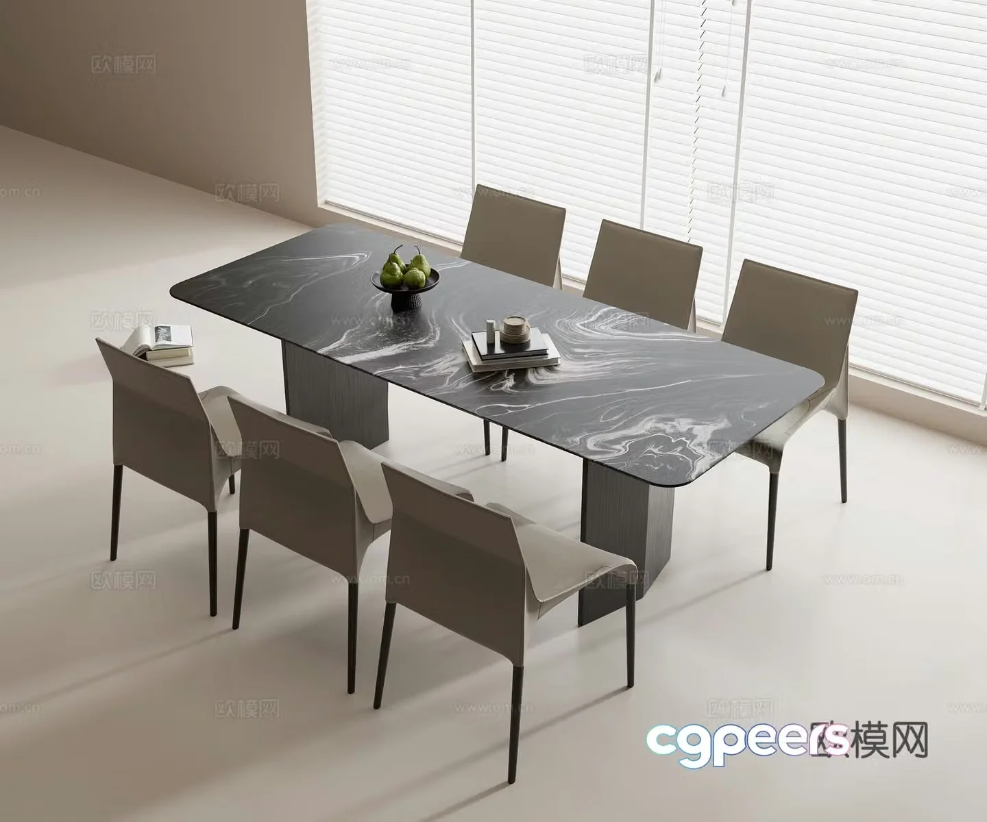 Modern dining table and chair combination marble dining table leather dining chair fruit fruit tray book 3d model