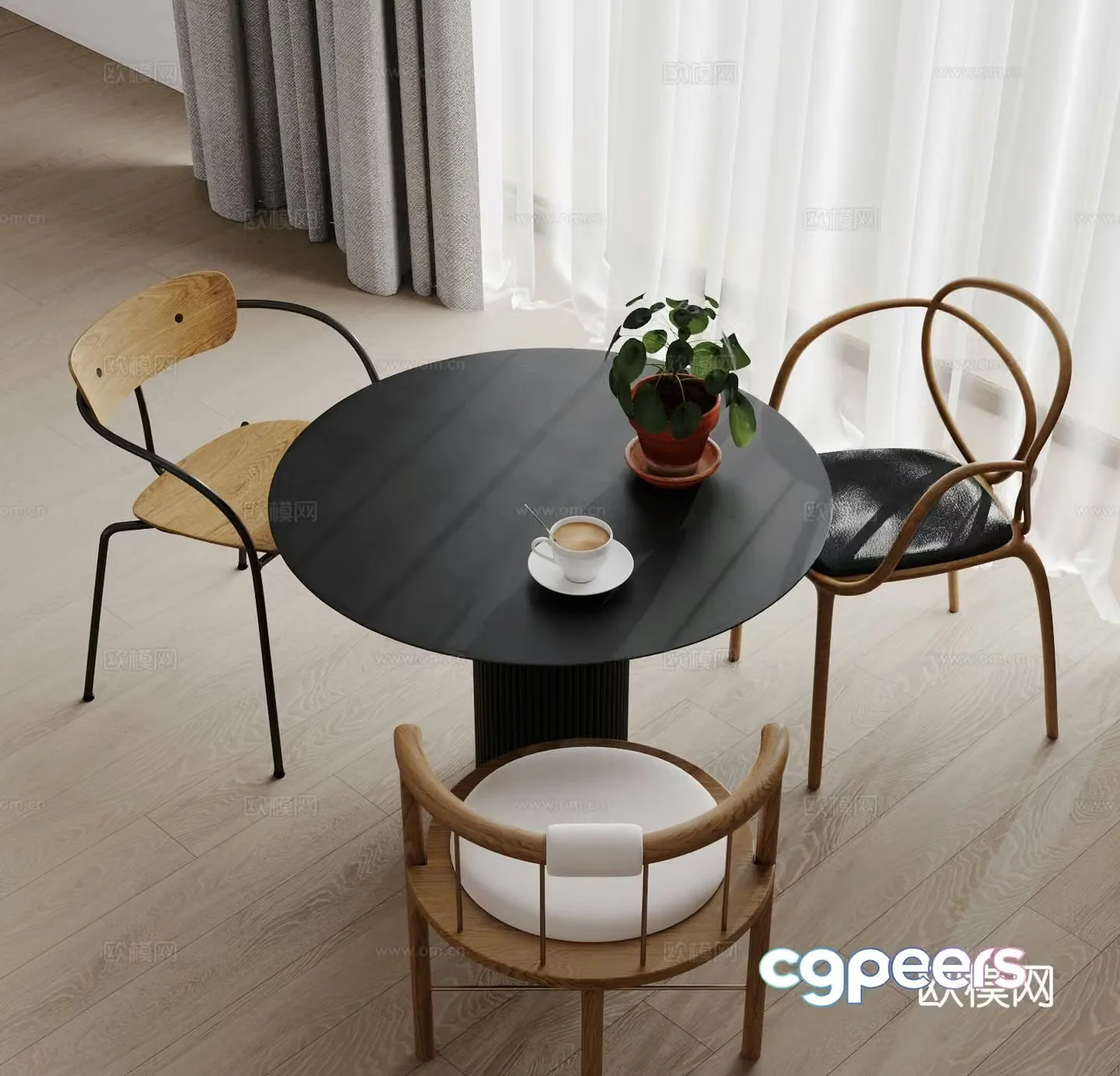 Modern round dining table and chairs 3d model