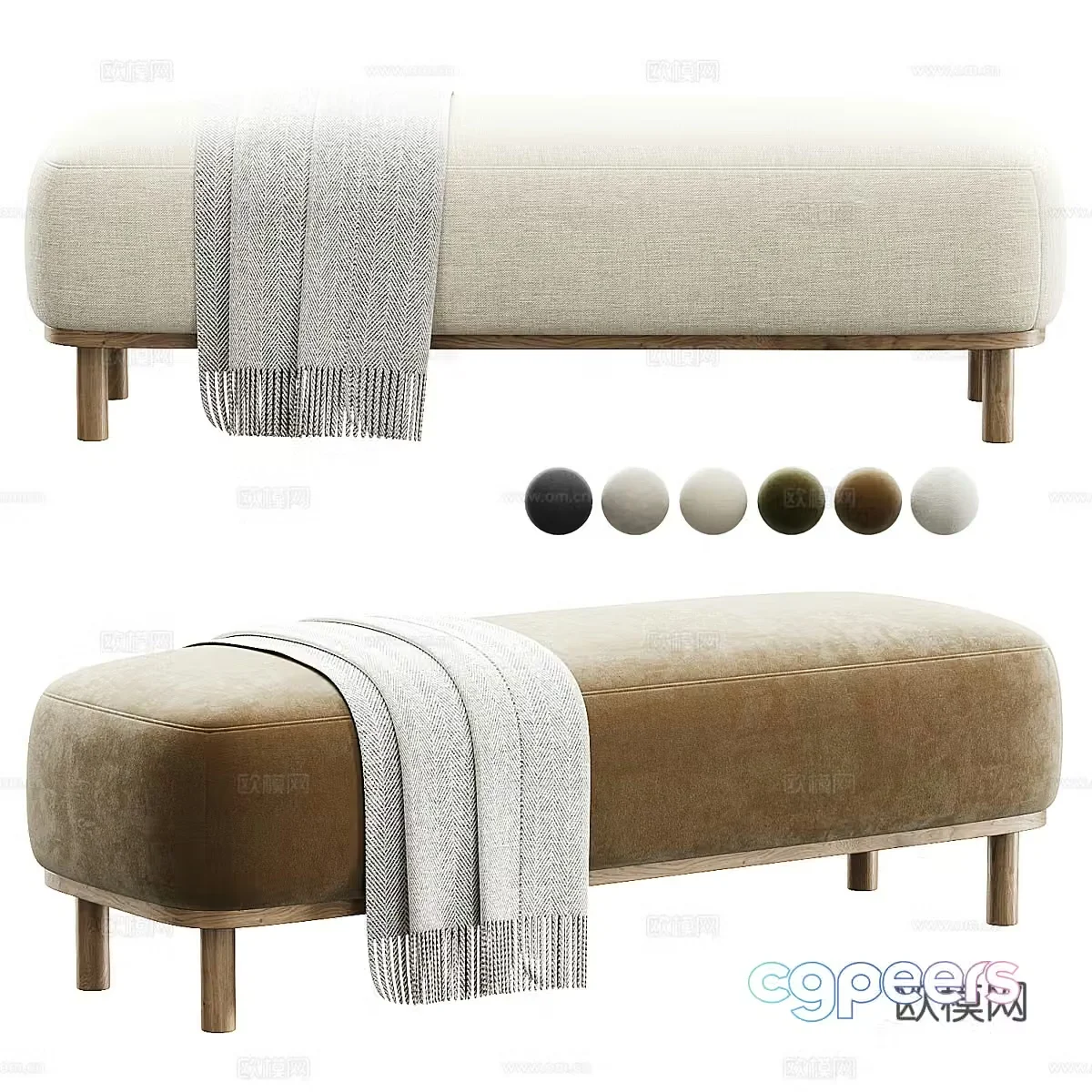 Modern Italian cream style fabric bench strip stool tail stool 3D model