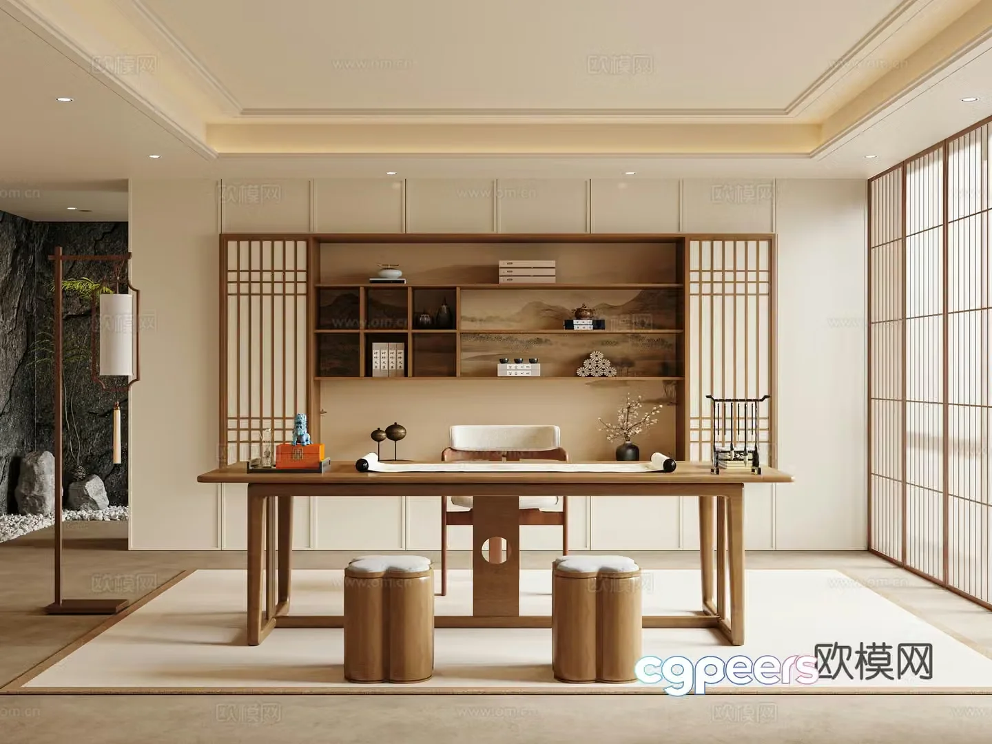New Chinese style study Song’s study desk and chair bookcase 3D model