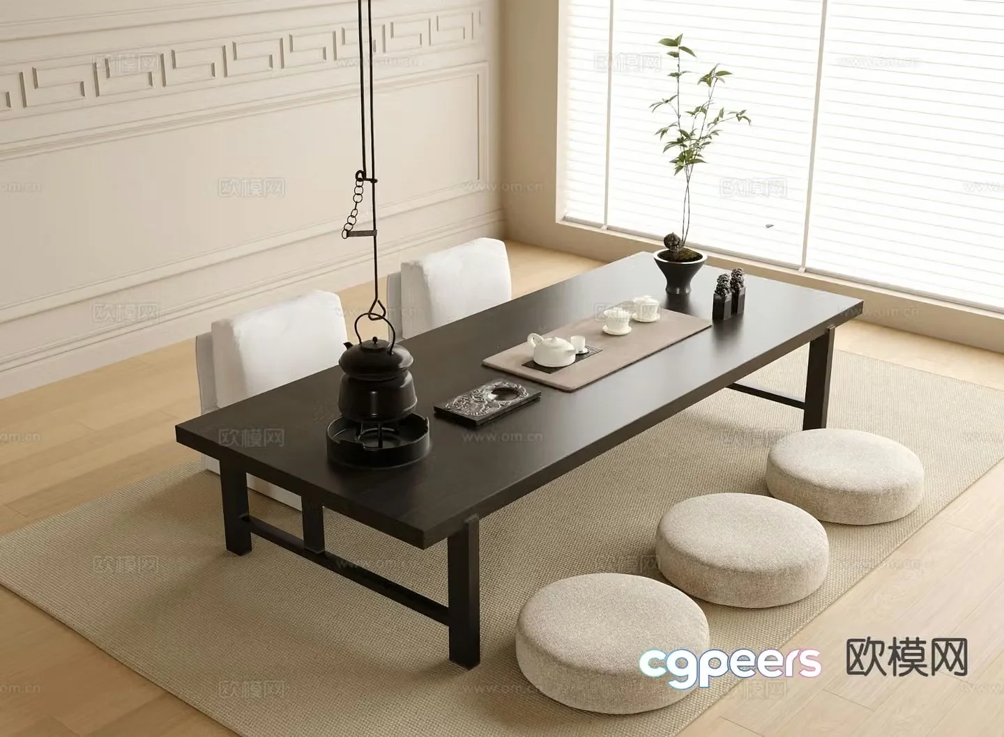 Tatami tea table and chairs tea set 3d model