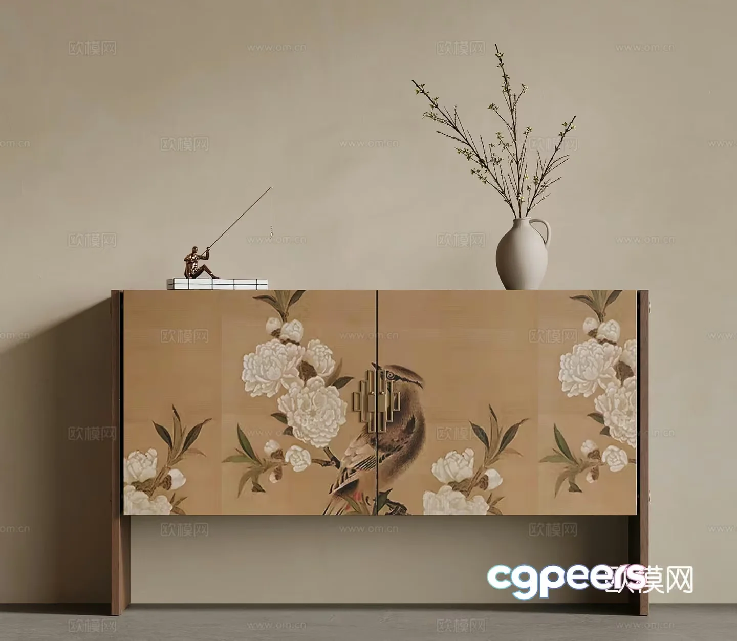 A Brown Cabinet With A Bird And Flower Design 3D Model – 6821 – VRAY Render