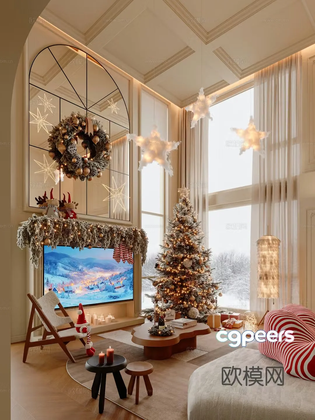 European Christmas Villa Living Room 3D Model