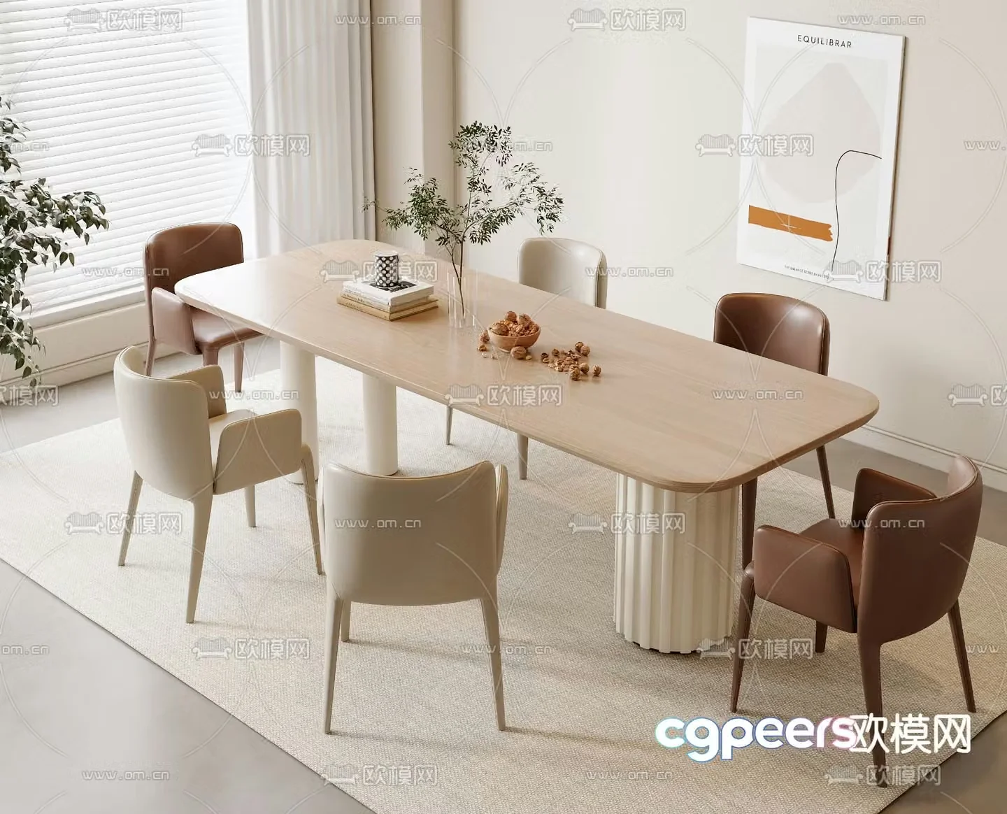 Cream style dining table and chairs 3d model