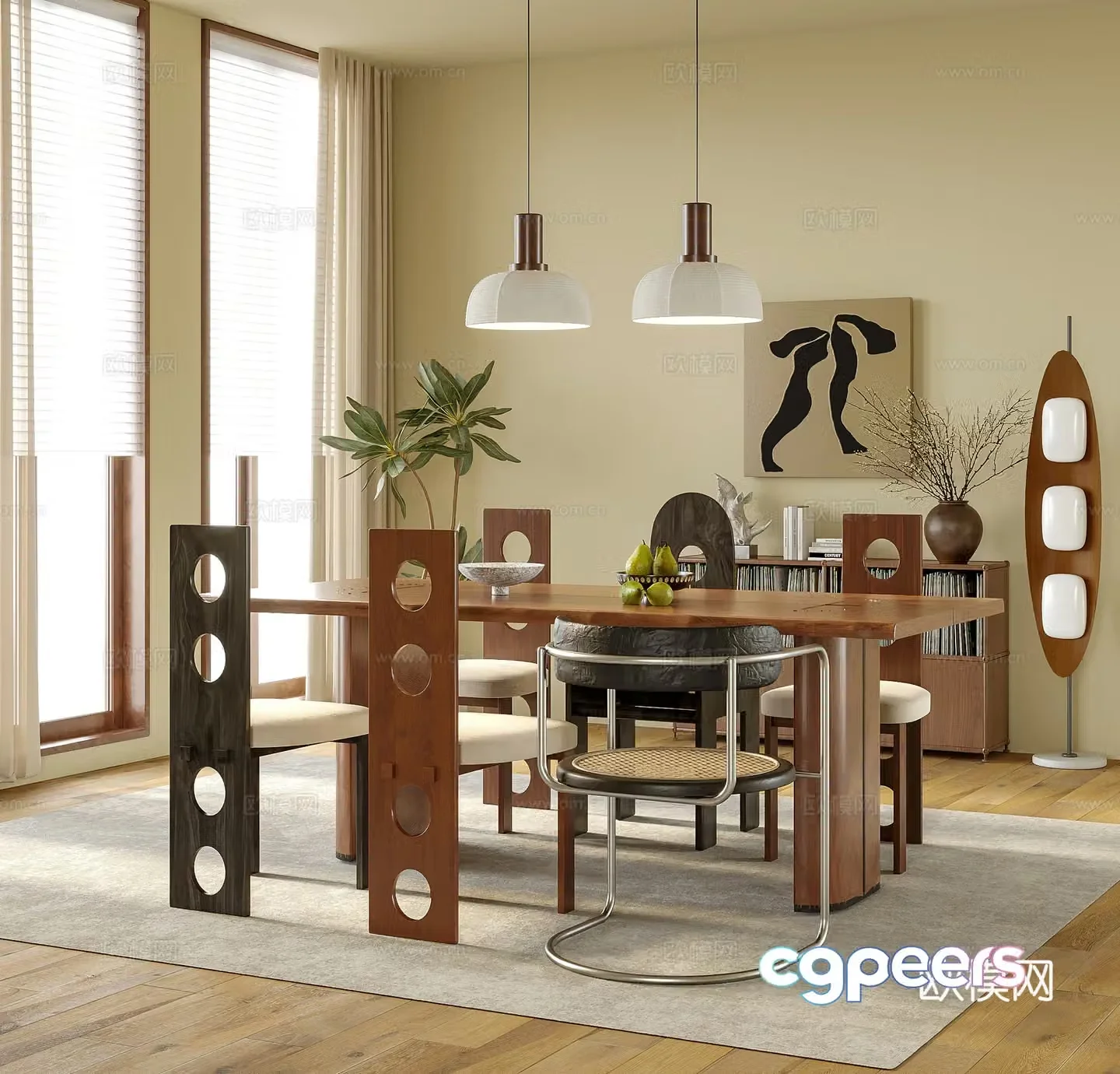 Modern restaurant dining table and chair dining chair dining table bedside chandelier 3d model