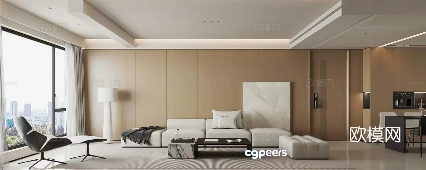 Modern minimalist home living and dining room 3D model