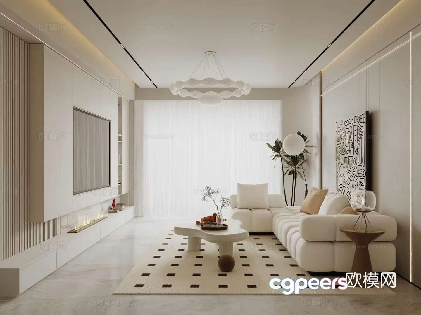 Modern cream home living room 3d model