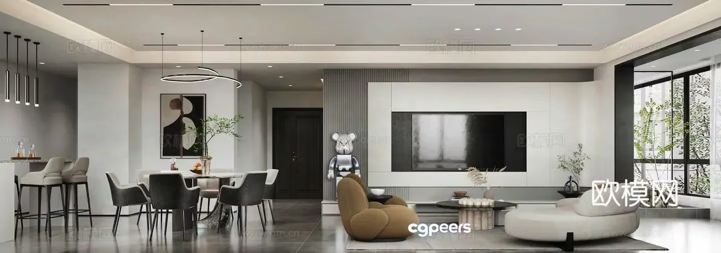 Modern living room and dining room TV background wall round dining table bar lounge chair modern living room light 3d model