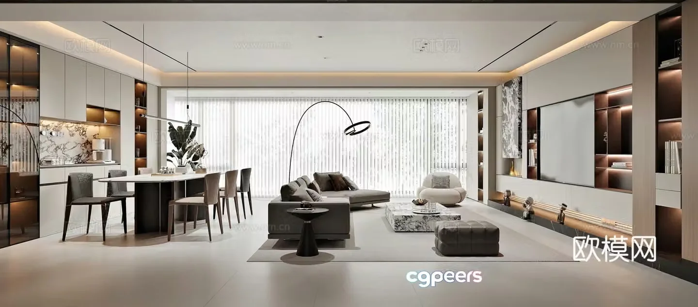 Modern living and dining room 3d model