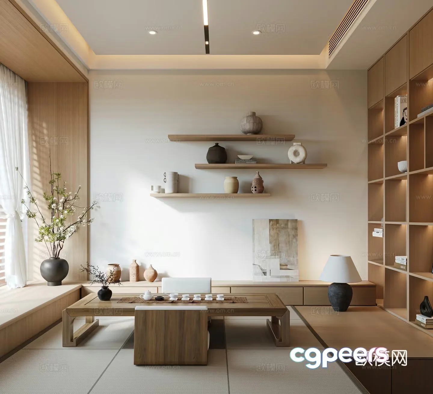 Tatami tea room tea table bay windowsill gauze curtain potted plant tea cabinet cabinet 3d model