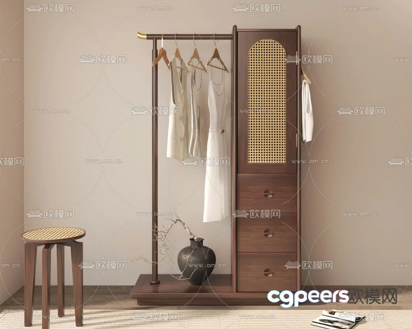 New Chinese style walnut coat rack hanger 3D model